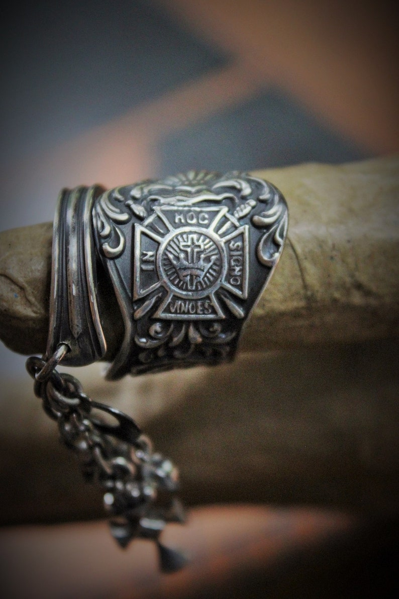 In this Sign Antique Sterling Masonic Wrap Ring w/Sterling Cross,Sterling Tassel,Antique Faceted Crystal Drop