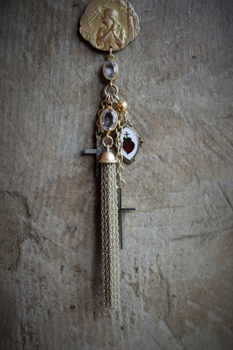 Still Standing Necklace w/RARE Antique French Jeanne D'Arc Broche Medal,Antique Gilt Faceted Crystal Chain,Antique Victorian Cross+More!