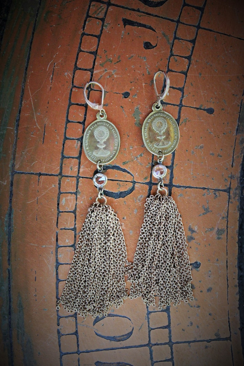 Rare Antique Our Lady of the Mountain of the Sun Medal Earrings w/Antique Notre Dame de Soleilmont Matching Medals,Antique Tassels+More