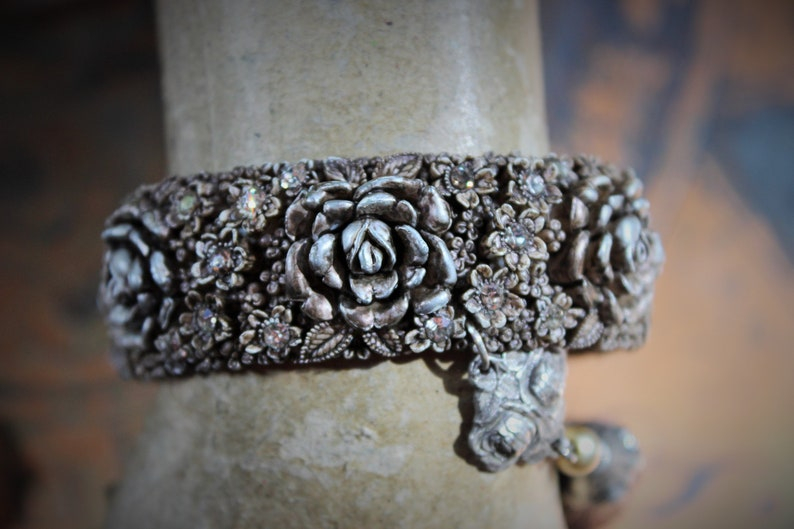 Hand Painted Antique Carved Rose Celluloid Bracelet w/Antique Sterling Rose Connector,Antique Sterling Rose Capped Silk Tassel