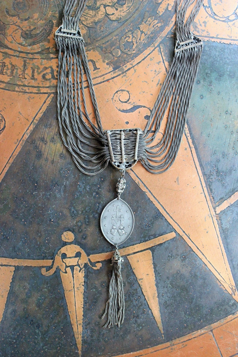 Antique Art Deco Necklace w/French Marian Medal,Draping Foxtail Chain & Tassel,Antique French Faceted Rhinestone Connectors