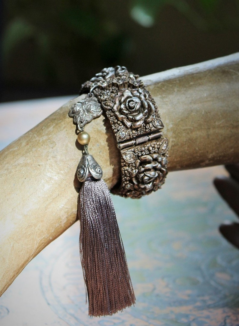 Hand Painted Antique Carved Rose Celluloid Bracelet w/Antique Sterling Rose Connector,Antique Sterling Rose Capped Silk Tassel