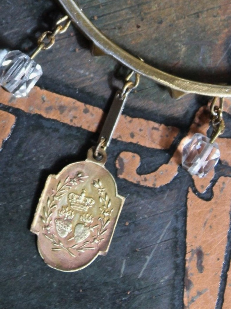 Sacred Saints Bracelet w/6 Antique French Medals,Vintage Sterling Vermeil Bangle,Antique Faceted Glass Beads,Vintage Bar Links