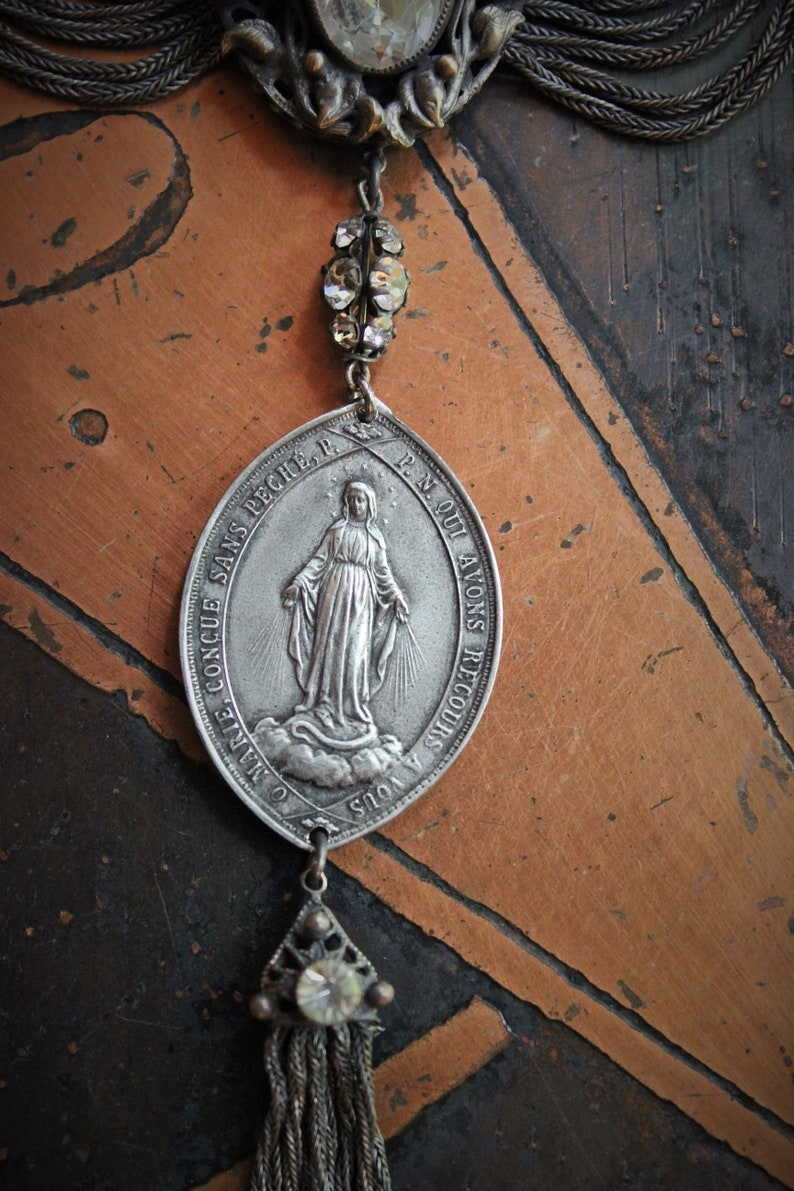 Antique Art Deco Necklace w/French Marian Medal,Draping Foxtail Chain & Tassel,Antique French Faceted Rhinestone Connectors