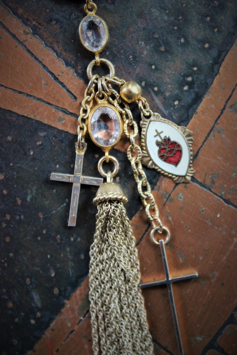 Still Standing Necklace w/RARE Antique French Jeanne D'Arc Broche Medal,Antique Gilt Faceted Crystal Chain,Antique Victorian Cross+More!