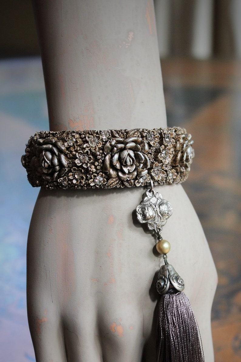 Hand Painted Antique Carved Rose Celluloid Bracelet w/Antique Sterling Rose Connector,Antique Sterling Rose Capped Silk Tassel