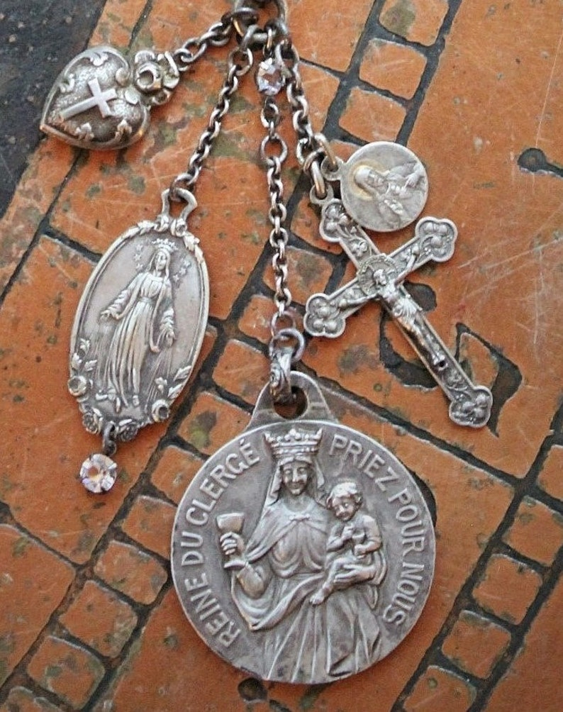 Antique Paste Sterling Chain Necklace w/Rare Antique Queen of the Clergy-St. Tarticisius Medal,Rare Antique Rose Mary+ Rare Cross Heart