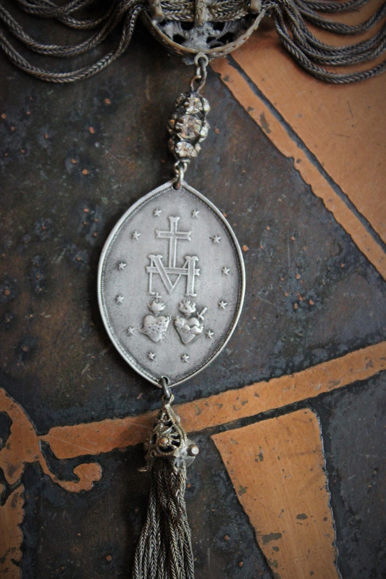 Antique Art Deco Necklace w/French Marian Medal,Draping Foxtail Chain & Tassel,Antique French Faceted Rhinestone Connectors