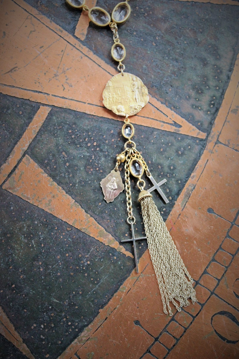 Still Standing Necklace w/RARE Antique French Jeanne D'Arc Broche Medal,Antique Gilt Faceted Crystal Chain,Antique Victorian Cross+More!