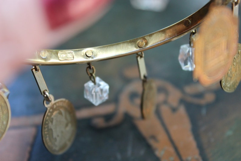 Sacred Saints Bracelet w/6 Antique French Medals,Vintage Sterling Vermeil Bangle,Antique Faceted Glass Beads,Vintage Bar Links