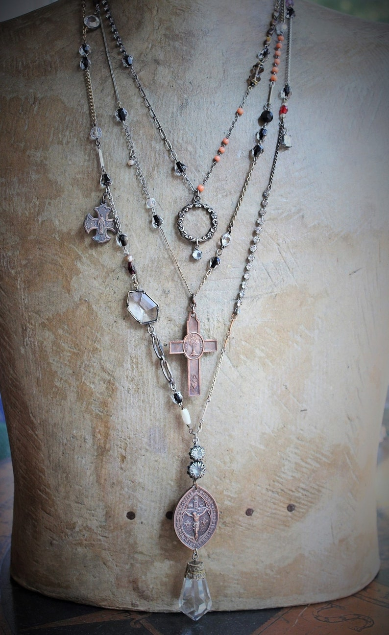 Unique Necklace Set w/Rare Antique French Lamb of God Bronze Medal+Venite Adoremus Sacred Heart Cross,Antique/Vintage Chains+Crystals++