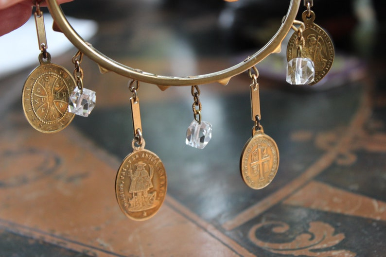 Sacred Saints Bracelet w/6 Antique French Medals,Vintage Sterling Vermeil Bangle,Antique Faceted Glass Beads,Vintage Bar Links