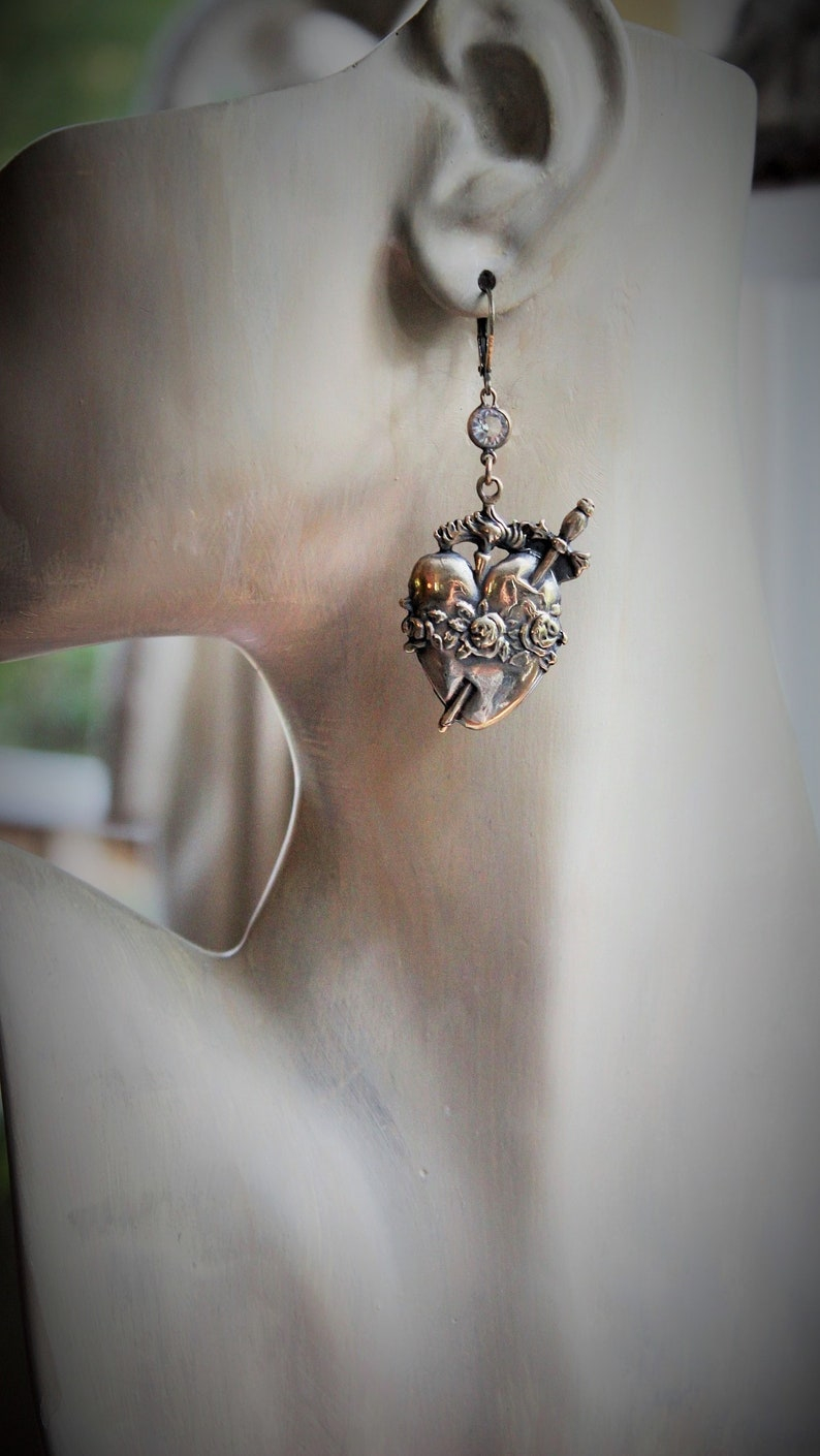 The Deeper that Sorrow Earrings w/Bronze Sacred Heart Medals,Antique Bezel Set Crystal Connectors,Bronze Earring Wires
