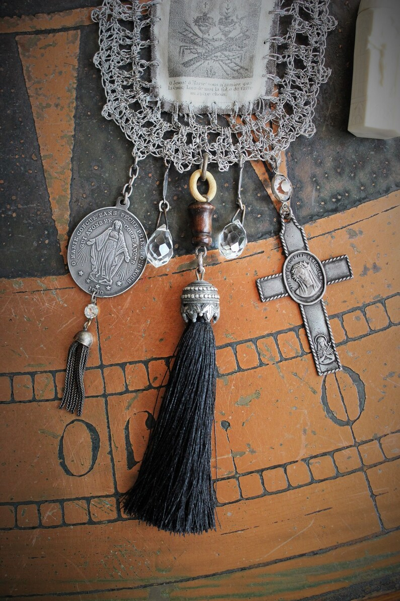 Antique Sacred Heart Blessing Bag w/Antique Holy Water Vessel,Multiple Antique Rosary & Bead Findings,Silk Black Tassel,Faceted Pyrite+