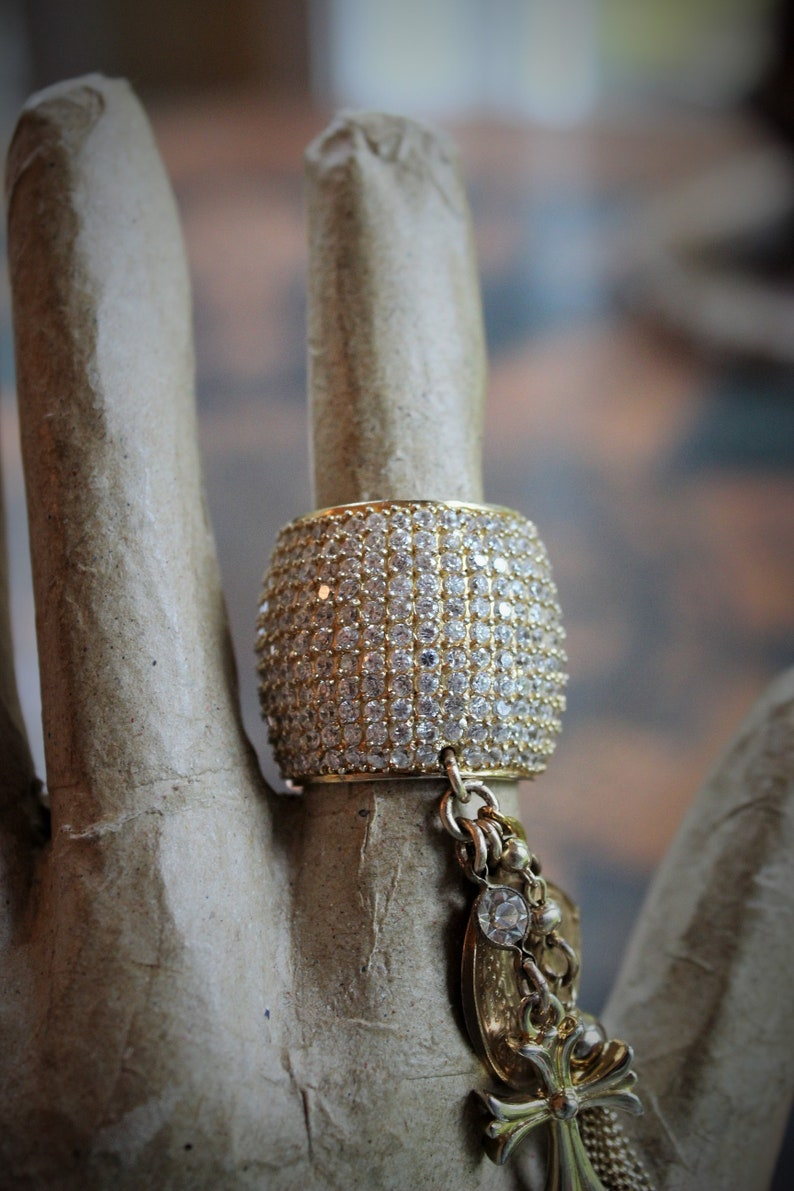 Amazing Wide Sterling Vermeil Pave Diamante Ring w/Antique French Medals,Tiny Gold Fill Tassel,Antique Bezel Set Crystal,Puffy Cross