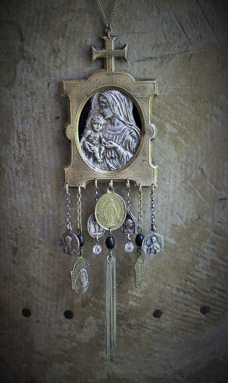 Into Her Arms Necklace w/Antique French Benitier Madonna & Child,Antique French Medals,Antique Tassel +More!