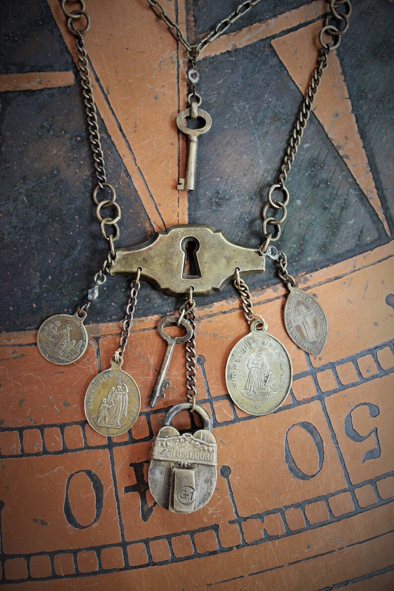 He Made the Key Necklace w/Tiny Antique Padlock & Original Key,Antique Keyhole Finding,Antique French Medals,Antique Muff Chain Crystals+ 