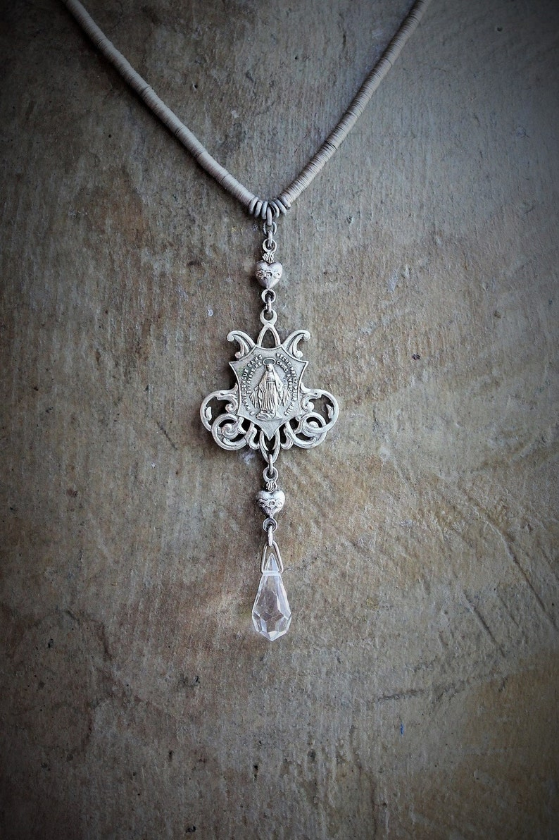 Antique French Marian Necklace w/RARE Tiny Antique 1800's French Metal Sequin Chain,Sacred Heart Connectors,Antique Crystal Tear Drop