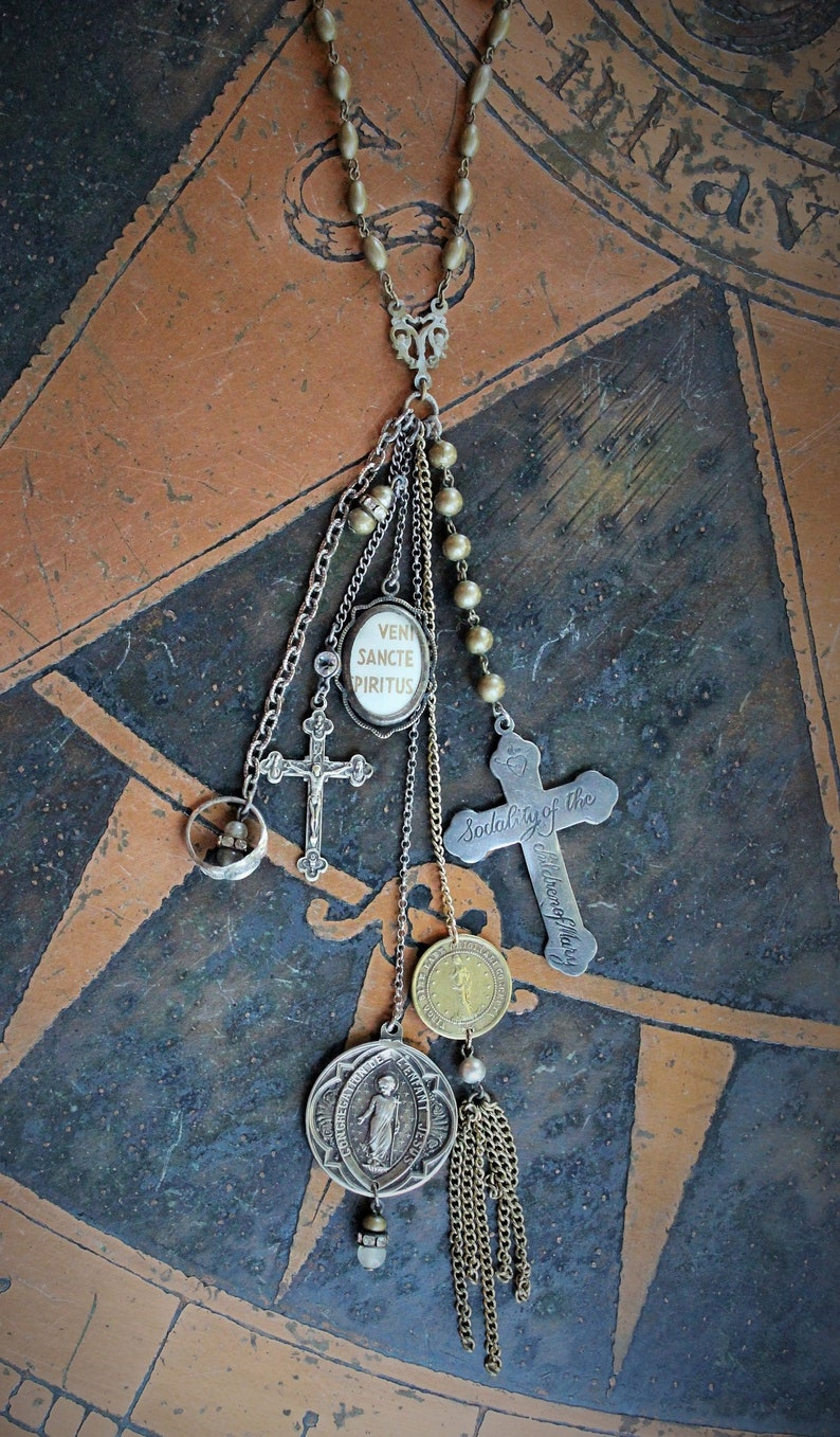The Guardian Necklace w/Antique French Sterling Child Jesus Medal,1878 Virgin Medal,Rare Engraved Sodality Cross,Antique Child's Ring++