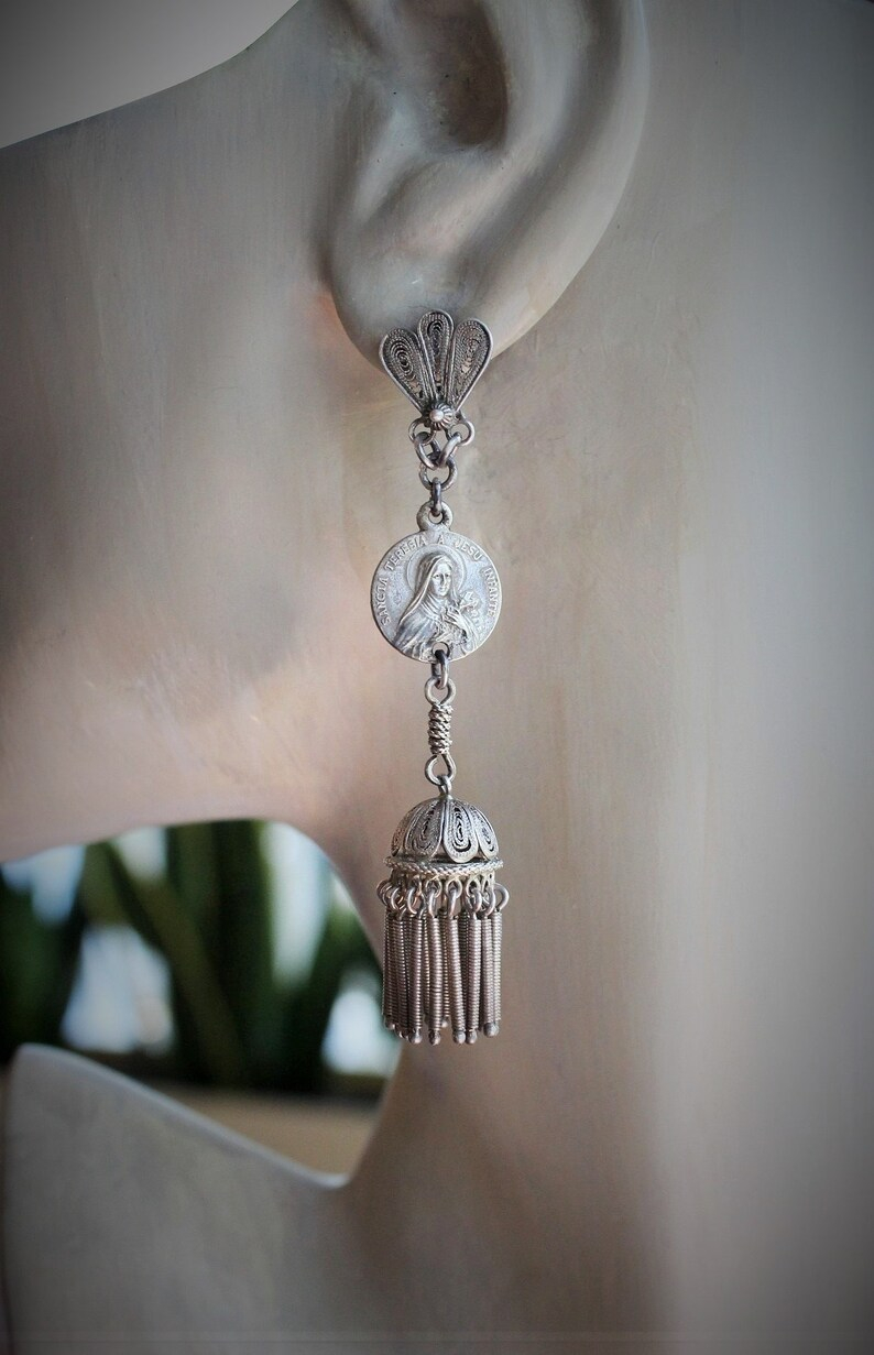 Shower of Roses Earrings w/Matching Antique French Saint Therese Medals,Antique 800 Silver Tassels and Findings