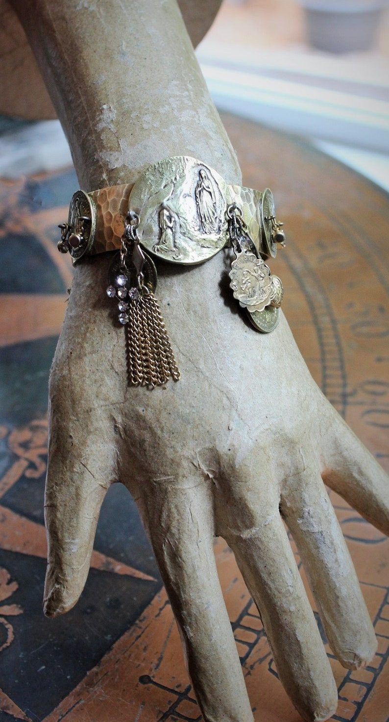 The Apparition Cuff Bracelet w/Antique French Benitier Marian Medal,Rare Antique Manger Scene Medal,Antique Prong Set Rhinestone Cross