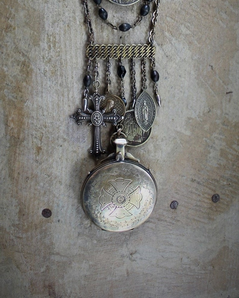 The Anaphora Necklace w/RARE Antique Sterling 18k Vermeil Engraved Maltese Cross & Crown of Thorns Eucharist Pyx,Antique Penin Medal+++