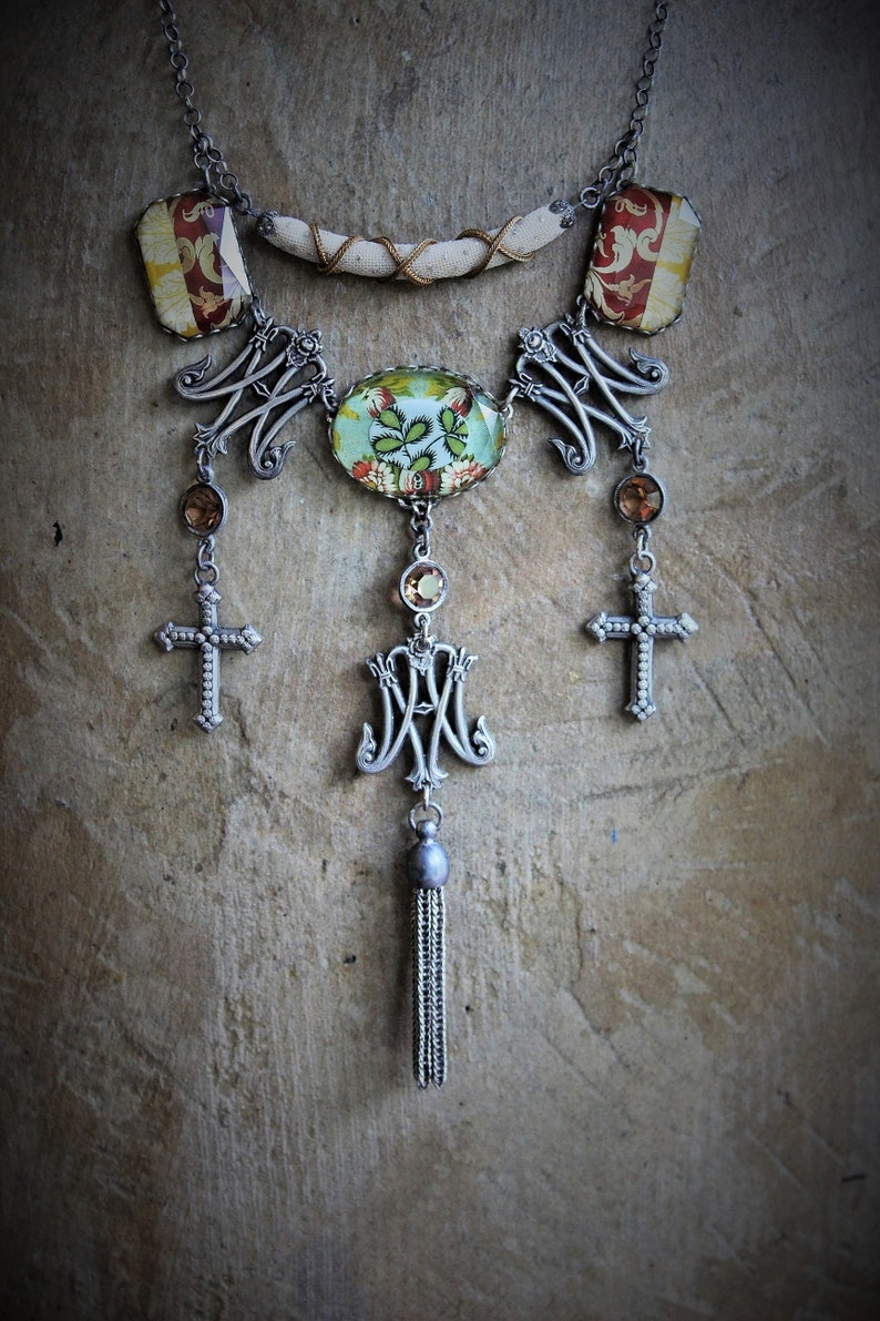 Ave Maria Necklace w/French Caron Freres Scrolled Initials AM Medals,Beveled Glass Connectors,French Crosses,Unique Fabric Finding