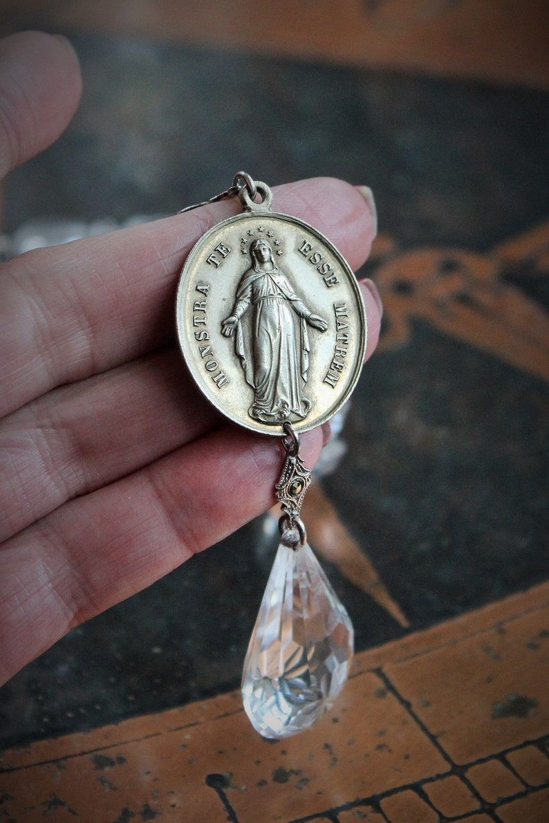 Mother Mary Necklace w/Antique Etched Rock Crystal Beads,Rare Sculptural Marian Medal,Antique Sterling Marcasite Connector,Faceted Glass Drop