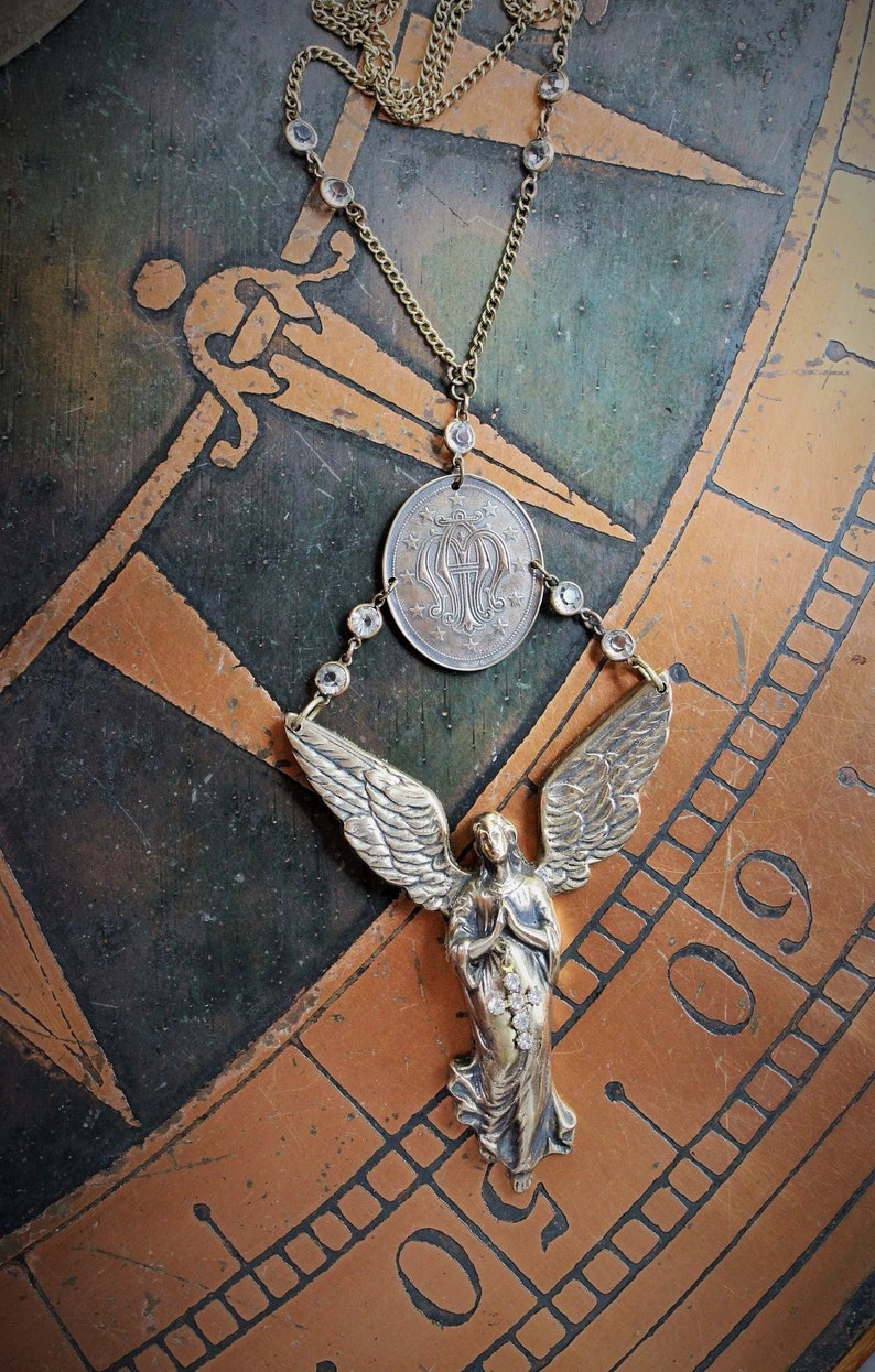 If I Listen Necklace w/Cast Bronze Winged Angel & Scrolled initials AM Medal,Antique Bezel Set Crystal Connectors,Vintage Link Chain