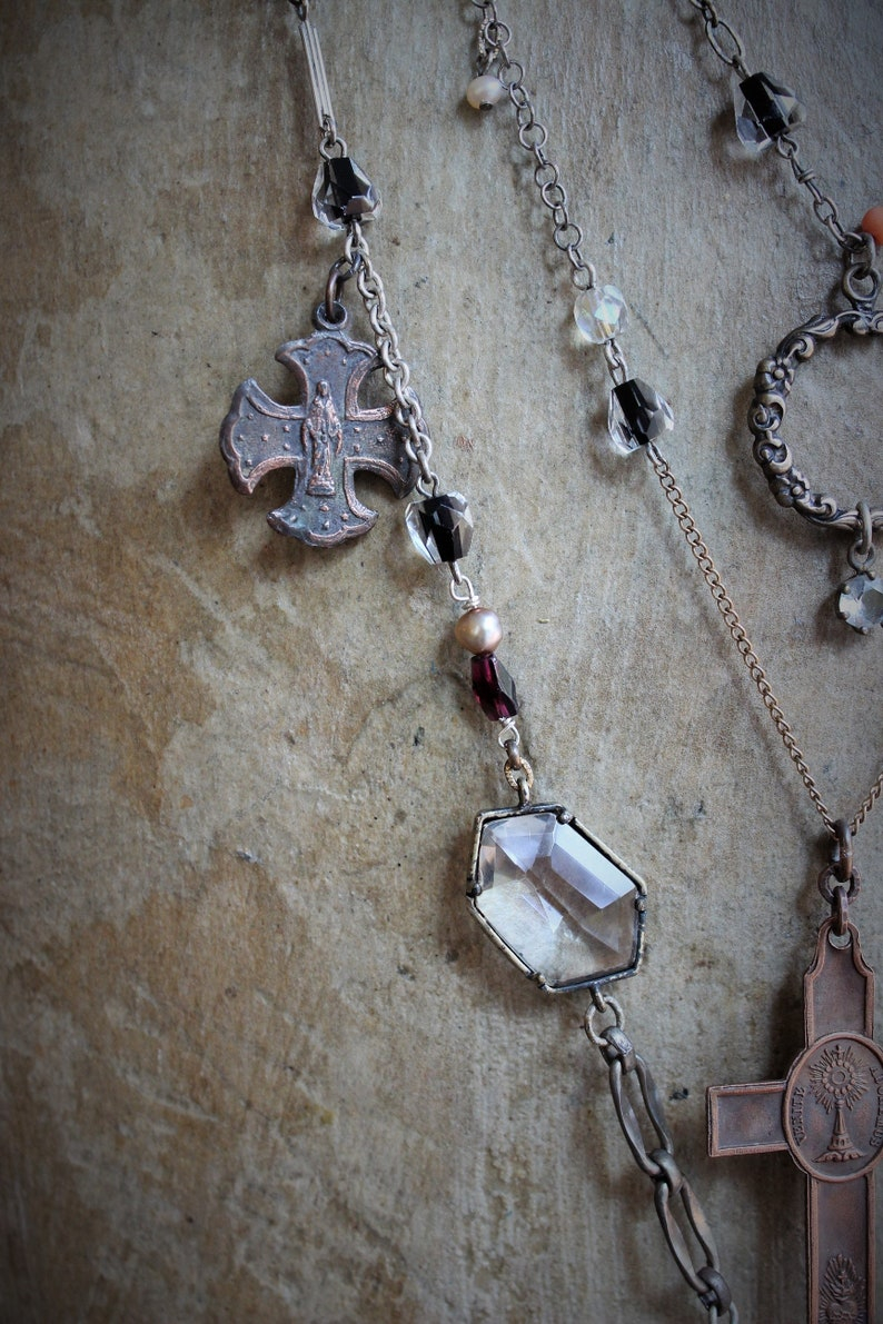 Unique Necklace Set w/Rare Antique French Lamb of God Bronze Medal+Venite Adoremus Sacred Heart Cross,Antique/Vintage Chains+Crystals++