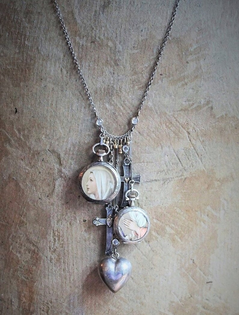 To Pray Necklace w/Antique French Sterling Pocket Watch Lockets,Sacred Heart and Thy Kingdom Come Cross,Antique Sterling Chiming Heart