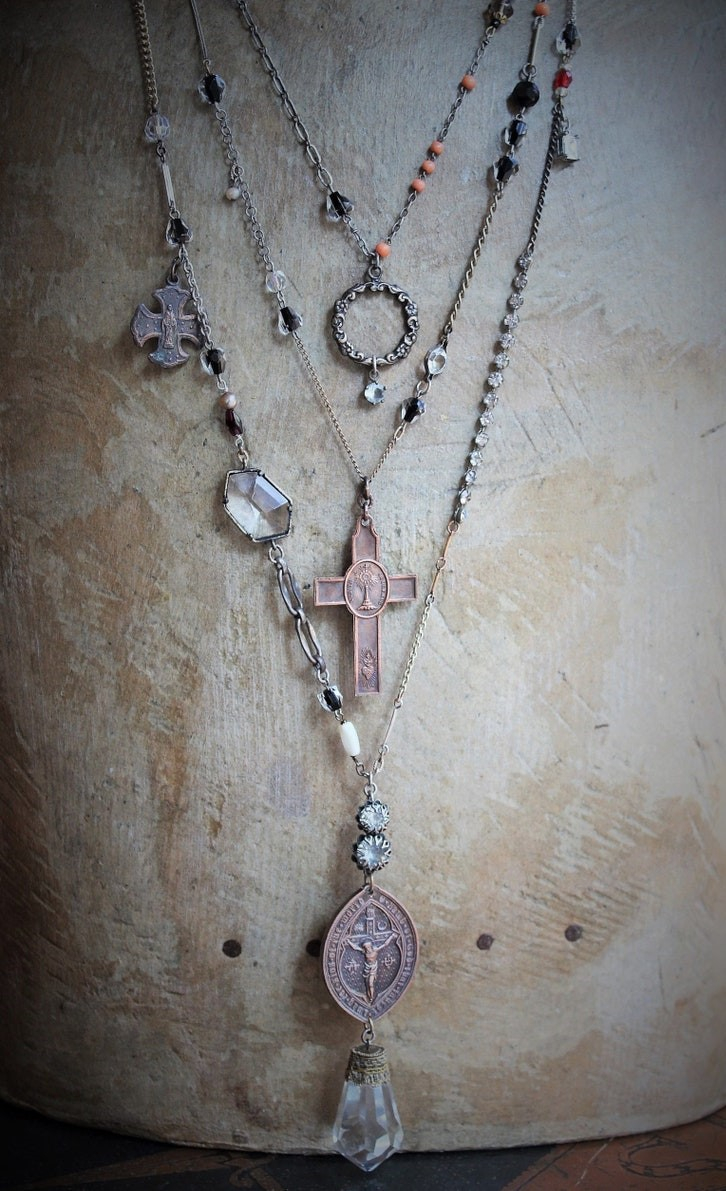 Unique Necklace Set w/Rare Antique French Lamb of God Bronze Medal+Venite Adoremus Sacred Heart Cross,Antique/Vintage Chains+Crystals++