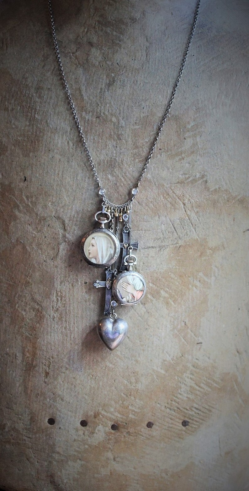 To Pray Necklace w/Antique French Sterling Pocket Watch Lockets,Sacred Heart and Thy Kingdom Come Cross,Antique Sterling Chiming Heart