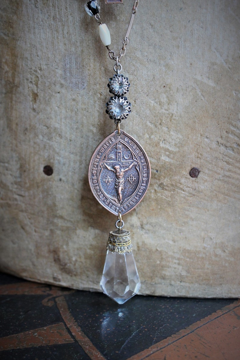 Unique Necklace Set w/Rare Antique French Lamb of God Bronze Medal+Venite Adoremus Sacred Heart Cross,Antique/Vintage Chains+Crystals++