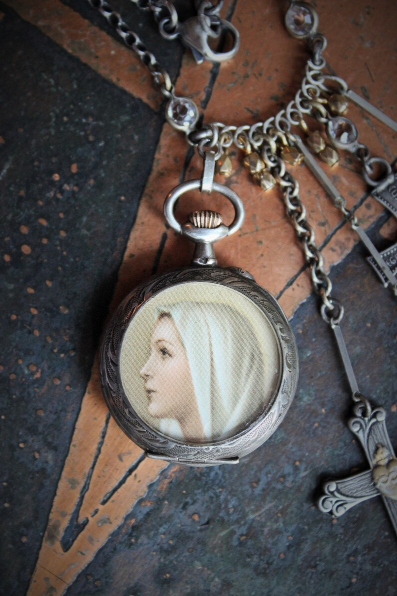 To Pray Necklace w/Antique French Sterling Pocket Watch Lockets,Sacred Heart and Thy Kingdom Come Cross,Antique Sterling Chiming Heart