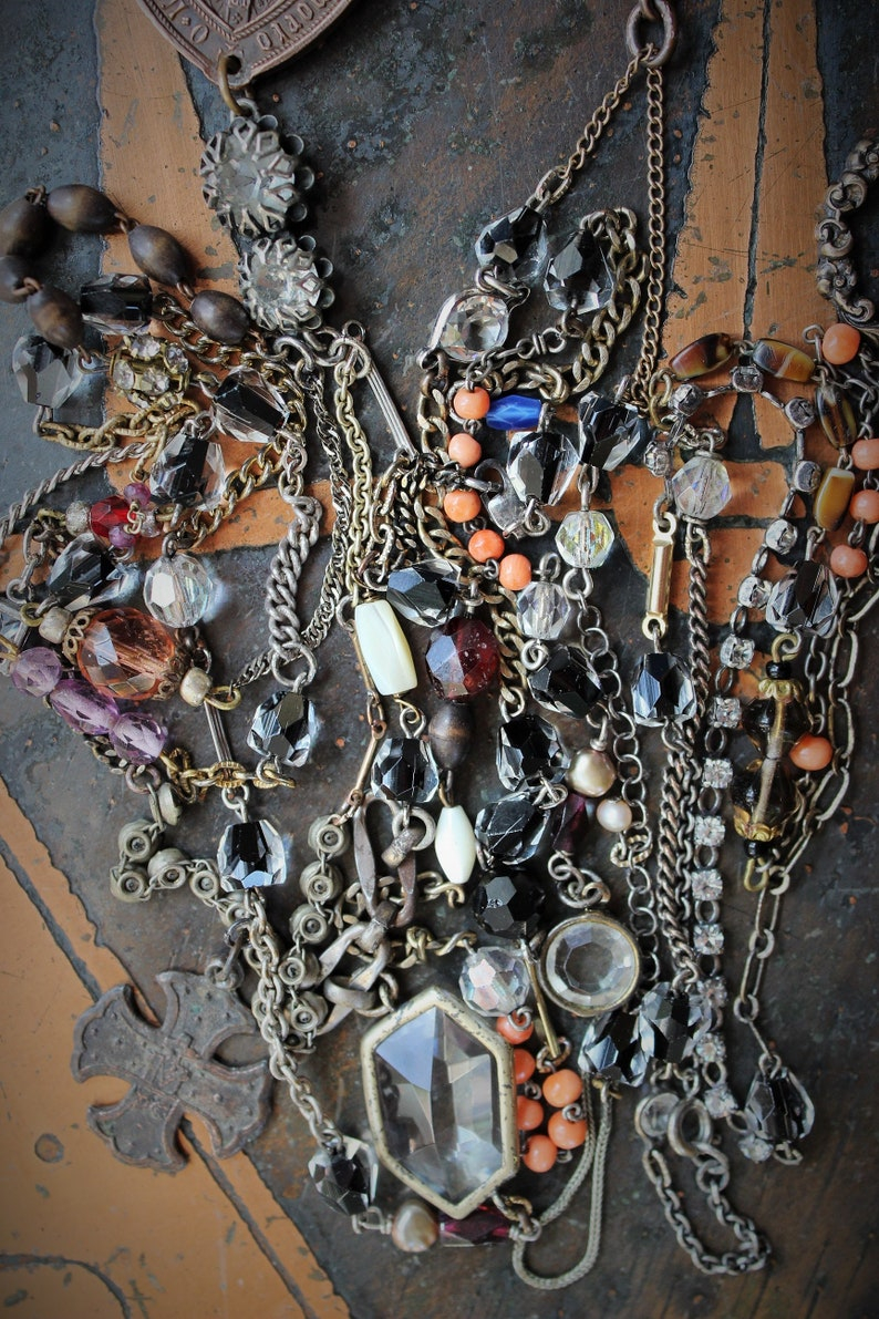 Unique Necklace Set w/Rare Antique French Lamb of God Bronze Medal+Venite Adoremus Sacred Heart Cross,Antique/Vintage Chains+Crystals++