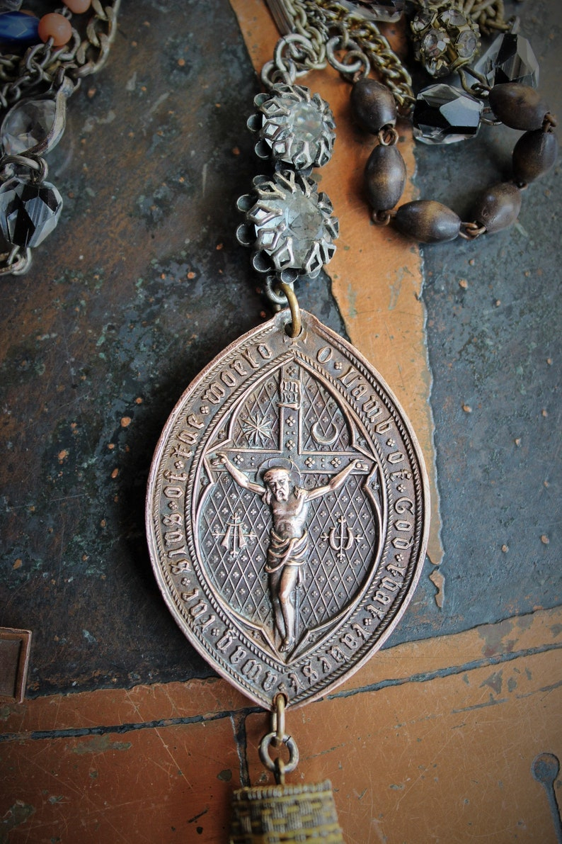 Unique Necklace Set w/Rare Antique French Lamb of God Bronze Medal+Venite Adoremus Sacred Heart Cross,Antique/Vintage Chains+Crystals++