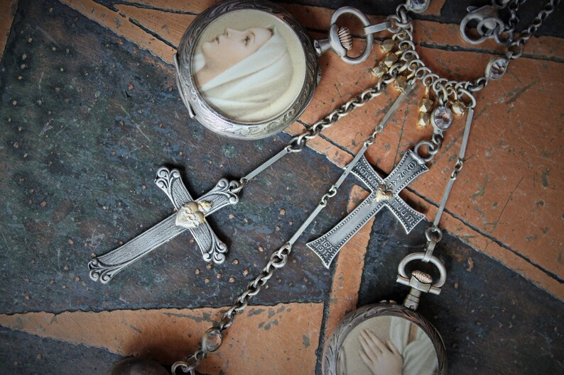 To Pray Necklace w/Antique French Sterling Pocket Watch Lockets,Sacred Heart and Thy Kingdom Come Cross,Antique Sterling Chiming Heart