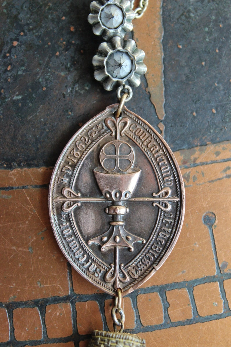 Unique Necklace Set w/Rare Antique French Lamb of God Bronze Medal+Venite Adoremus Sacred Heart Cross,Antique/Vintage Chains+Crystals++