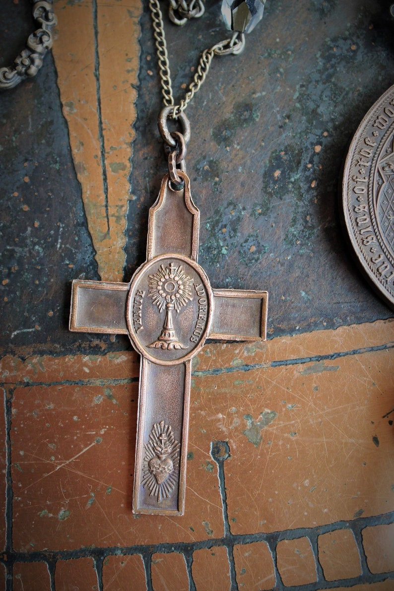 Unique Necklace Set w/Rare Antique French Lamb of God Bronze Medal+Venite Adoremus Sacred Heart Cross,Antique/Vintage Chains+Crystals++