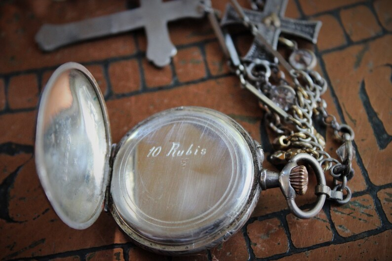 To Pray Necklace w/Antique French Sterling Pocket Watch Lockets,Sacred Heart and Thy Kingdom Come Cross,Antique Sterling Chiming Heart