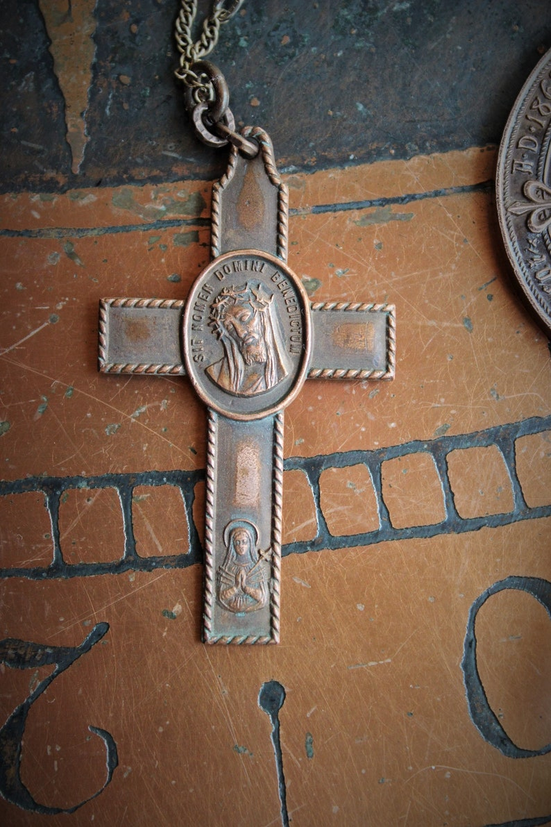 Unique Necklace Set w/Rare Antique French Lamb of God Bronze Medal+Venite Adoremus Sacred Heart Cross,Antique/Vintage Chains+Crystals++
