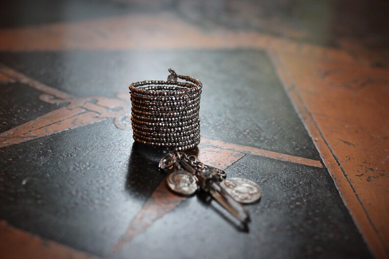 Antique Faceted Cut Steel Bead 12 Coil Ring w/Antique French Medals,Sterling Capped Crystal Point,Antique Faceted Crystal Drops