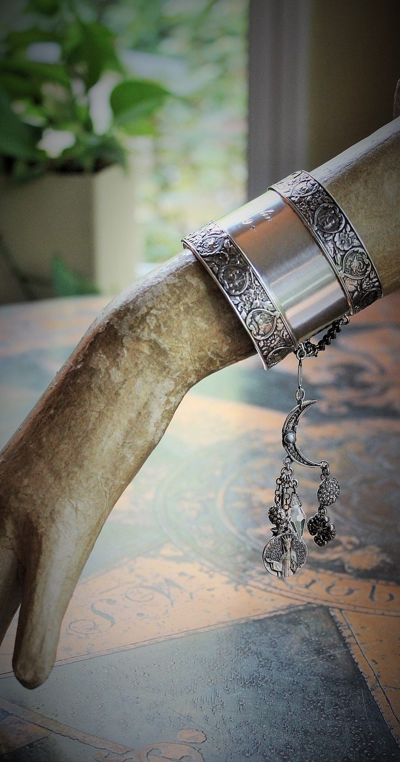 She of the Moon & Stars Antique Engraved Sterling Zodiac Cuff Cuff w/Antique Crescent Moon,Sterling Star,Marian Medal,Rock Crystal Drop