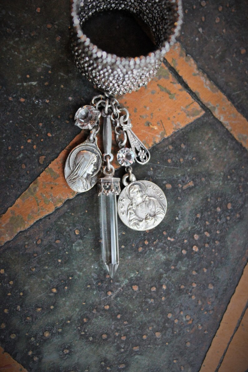 Antique Faceted Cut Steel Bead 12 Coil Ring w/Antique French Medals,Sterling Capped Crystal Point,Antique Faceted Crystal Drops