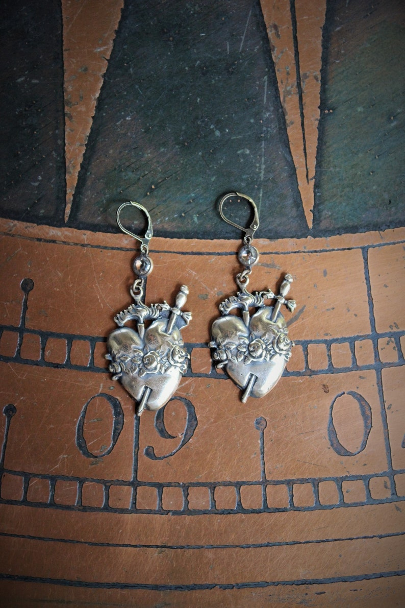 The Deeper that Sorrow Earrings w/Bronze Sacred Heart Medals,Antique Bezel Set Crystal Connectors,Bronze Earring Wires
