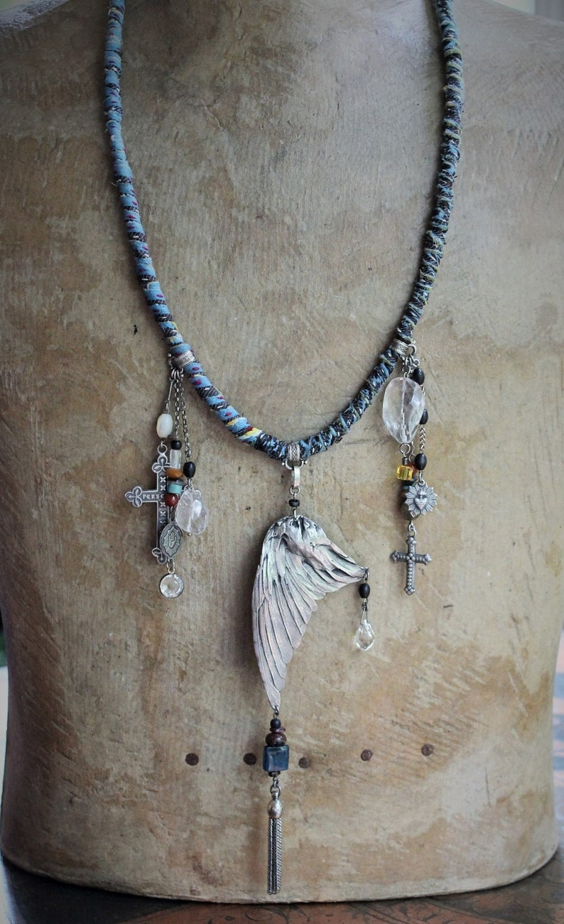 Find Your Way Home Necklace w/Antique Kantha Textile,Silver Bird Wing,Persevere Cross,Faceted Rock Quartz Nuggets,Sacred Heart Medal++