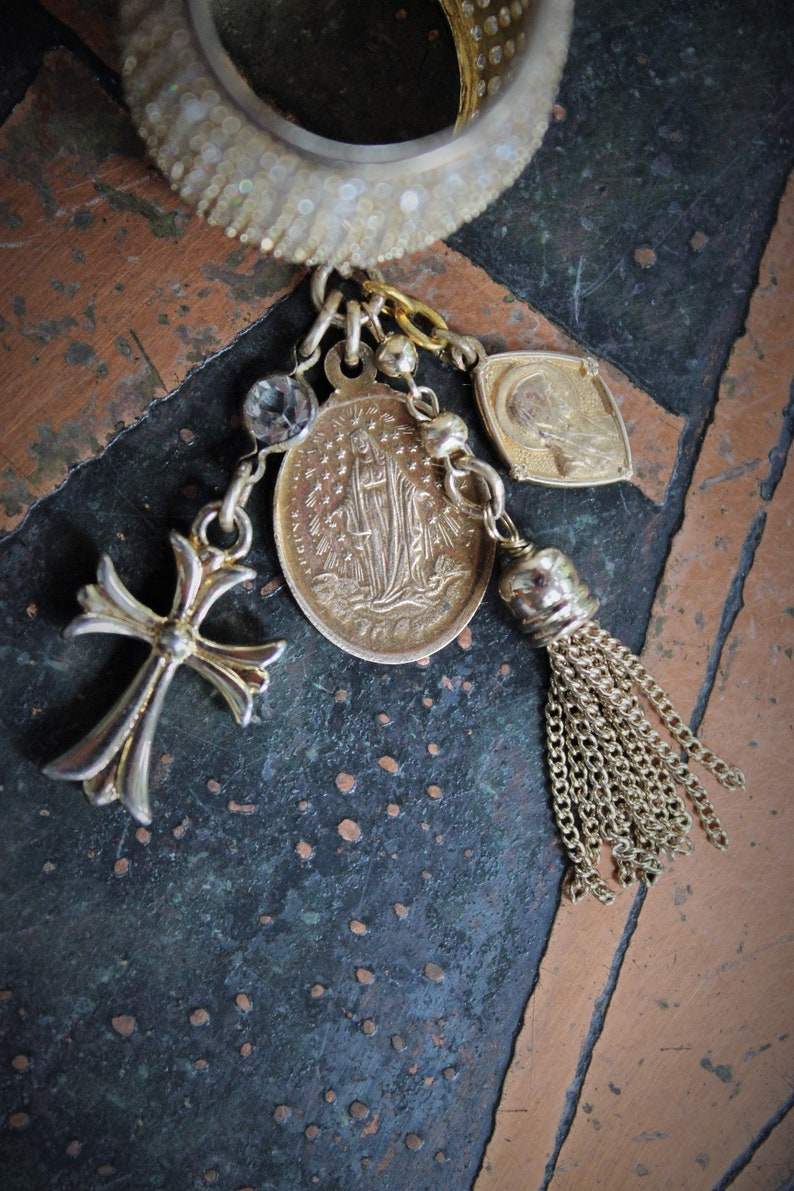 Amazing Wide Sterling Vermeil Pave Diamante Ring w/Antique French Medals,Tiny Gold Fill Tassel,Antique Bezel Set Crystal,Puffy Cross