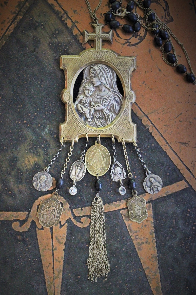 Into Her Arms Necklace w/Antique French Benitier Madonna & Child,Antique French Medals,Antique Tassel +More!