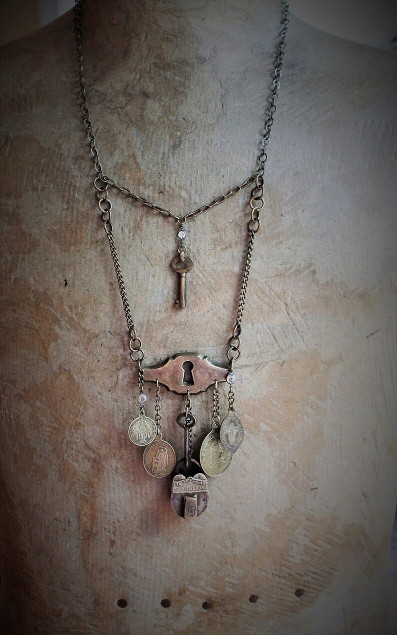 He Made the Key Necklace w/Tiny Antique Padlock & Original Key,Antique Keyhole Finding,Antique French Medals,Antique Muff Chain Crystals+ 